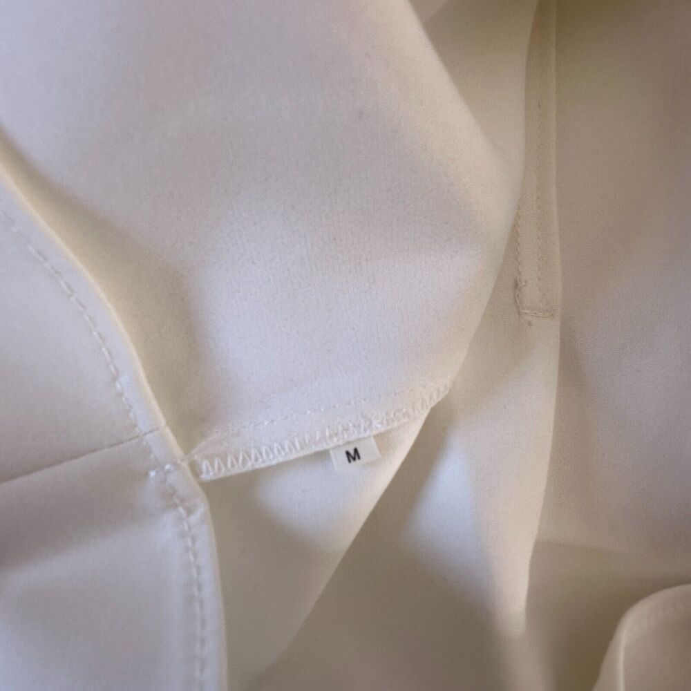 Cream V-Neck Loop & Button Front Balloon Pleated Cuff Sleeve Crop Blouse Med - Picture 10 of 11